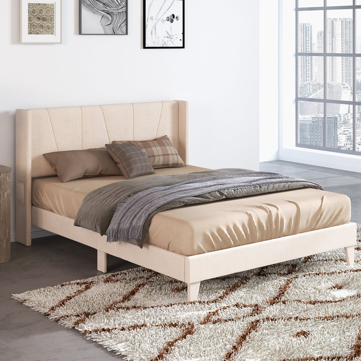Full/Queen Size Upholstered Bed Frame with Geometric Wingback Headboard-Queen Size-Simple Bed Frame-DECOROLALA