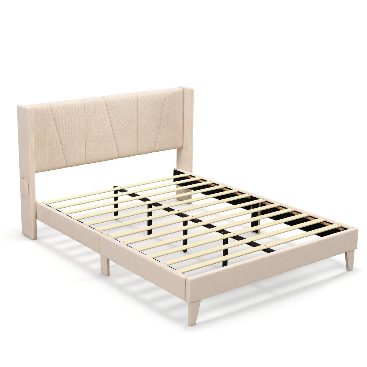 Full/Queen Size Upholstered Bed Frame with Geometric Wingback Headboard-Queen Size-Simple Bed Frame-DECOROLALA