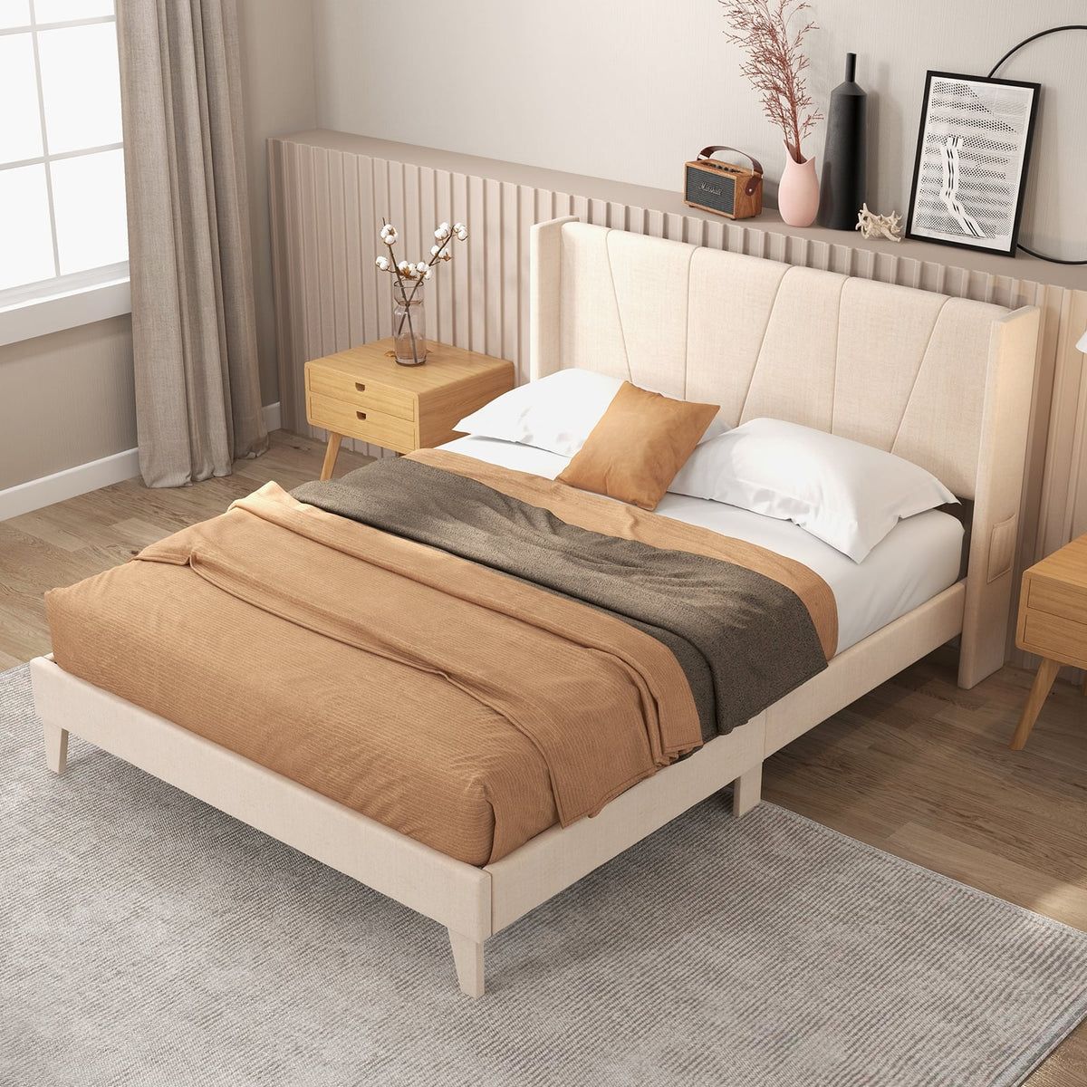 Full/Queen Size Upholstered Bed Frame with Geometric Wingback Headboard-Queen Size-Simple Bed Frame-DECOROLALA