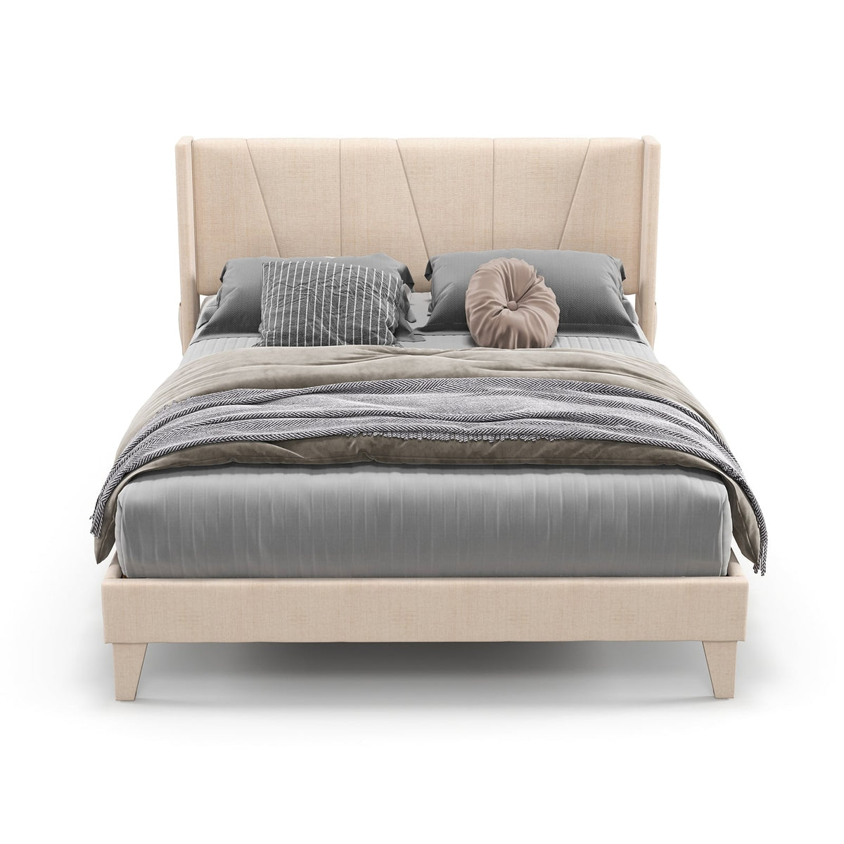 Full/Queen Size Upholstered Bed Frame with Geometric Wingback Headboard-Queen Size-Simple Bed Frame-DECOROLALA