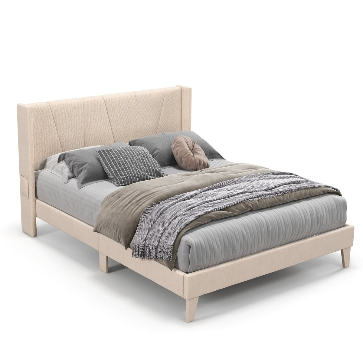 Full/Queen Size Upholstered Bed Frame with Geometric Wingback Headboard-Queen Size-Simple Bed Frame-DECOROLALA