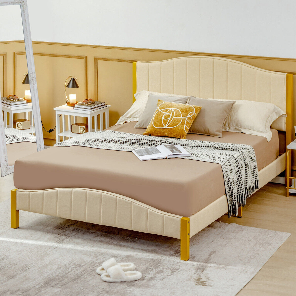 Full/Queen Size Upholstered Bed Frame with Quilted Headboard-Full Size-Simple Bed Frame-DECOROLALA