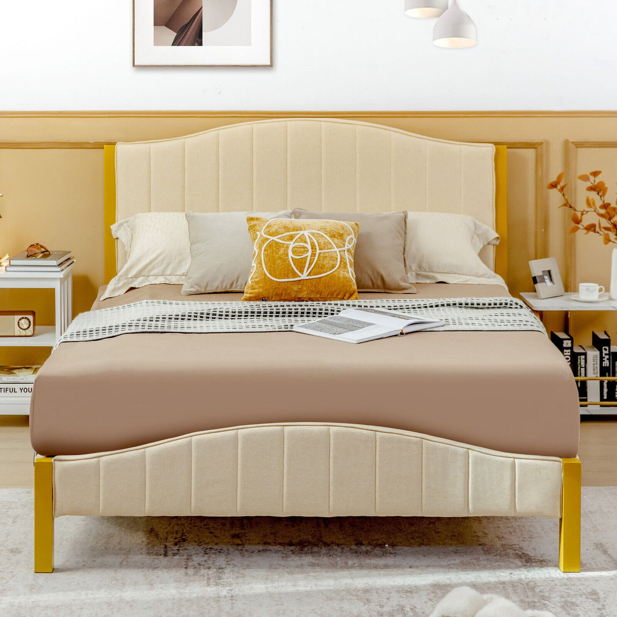 Full/Queen Size Upholstered Bed Frame with Quilted Headboard-Full Size-Simple Bed Frame-DECOROLALA