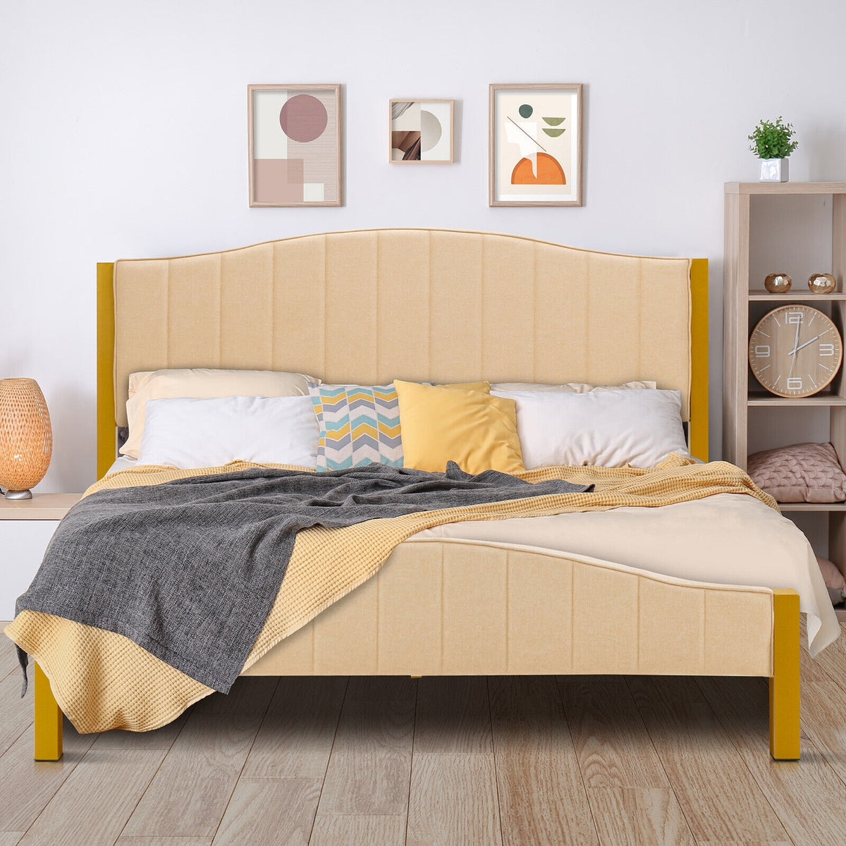 Full/Queen Size Upholstered Bed Frame with Quilted Headboard-Queen Size-Simple Bed Frame-DECOROLALA