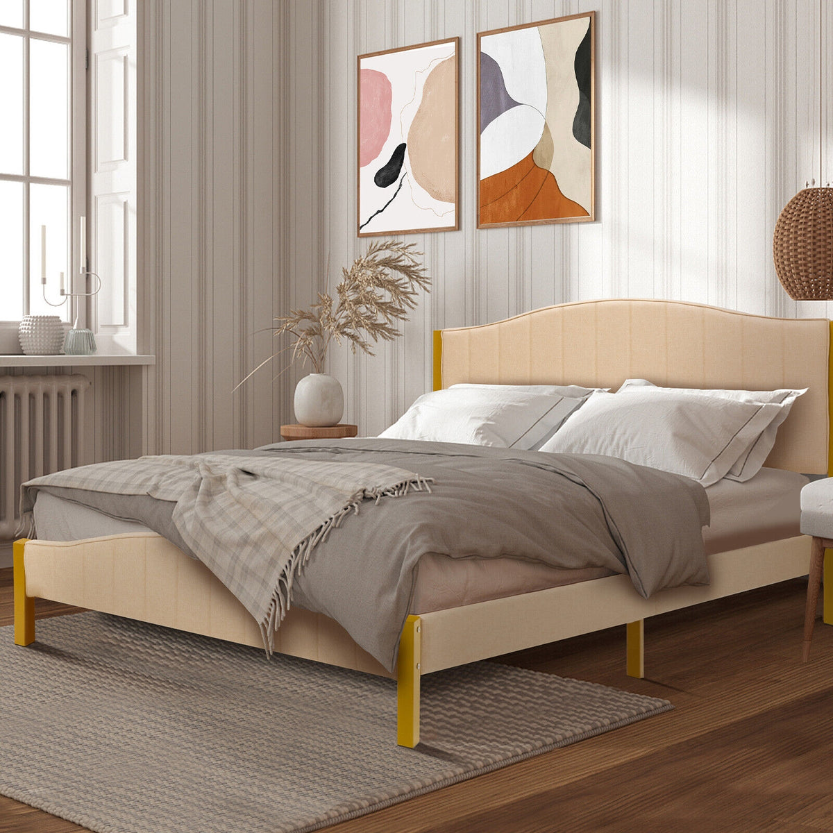 Full/Queen Size Upholstered Bed Frame with Quilted Headboard-Queen Size-Simple Bed Frame-DECOROLALA
