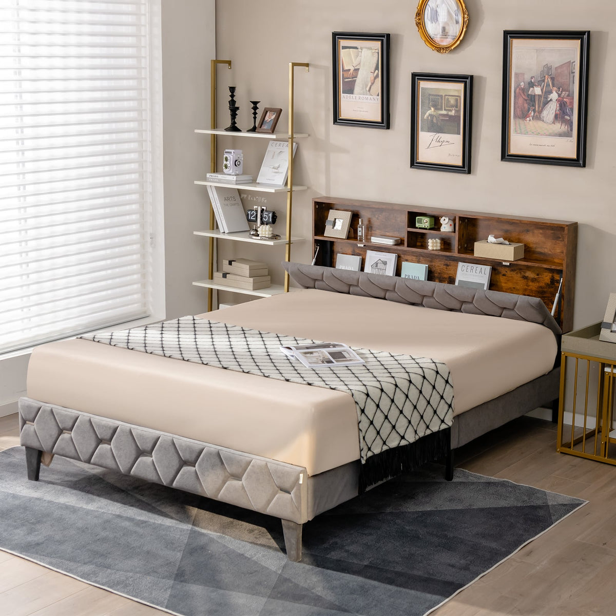 Full/Queen Size Upholstered Bed Frame with Storage Headboard-Full Size-Simple Bed Frame-DECOROLALA