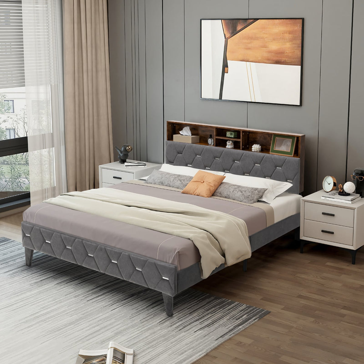 Full/Queen Size Upholstered Bed Frame with Storage Headboard-Full Size-Simple Bed Frame-DECOROLALA