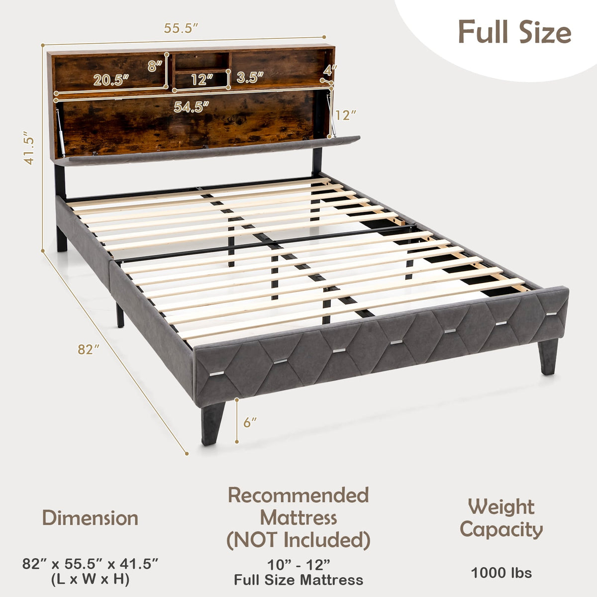 Full/Queen Size Upholstered Bed Frame with Storage Headboard-Full Size-Simple Bed Frame-DECOROLALA