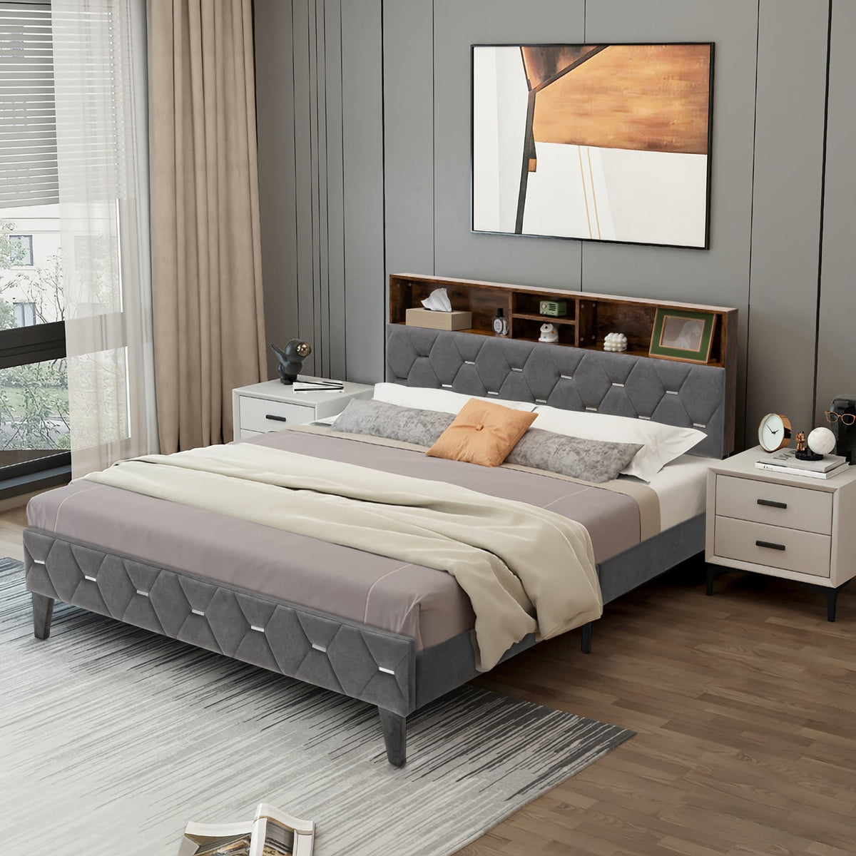Full/Queen Size Upholstered Bed Frame with Storage Headboard-Queen Size-Simple Bed Frame-DECOROLALA