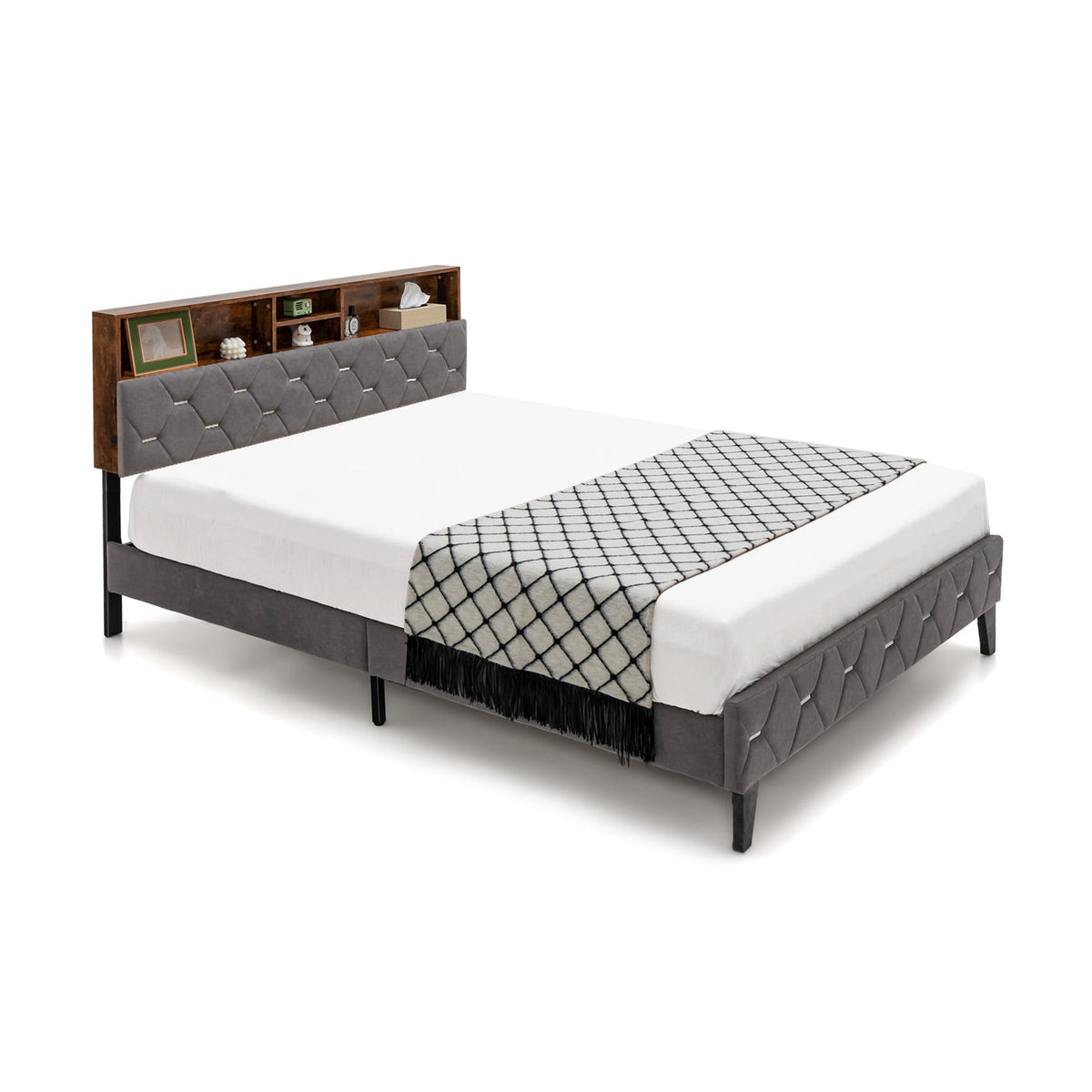Full/Queen Size Upholstered Bed Frame with Storage Headboard-Queen Size-Simple Bed Frame-DECOROLALA