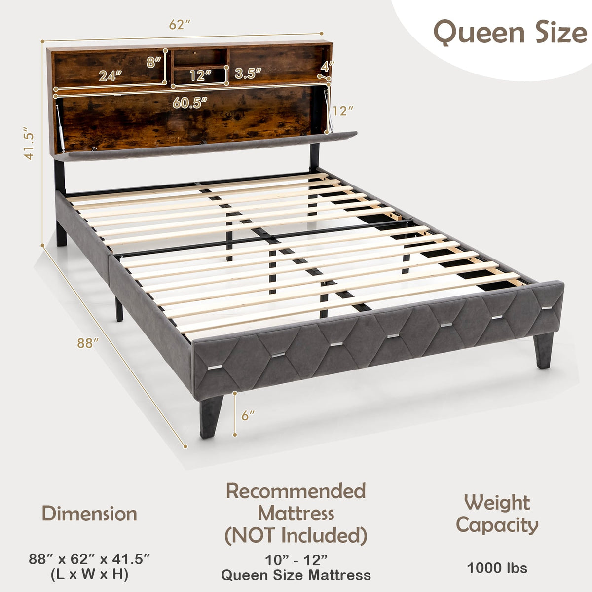 Full/Queen Size Upholstered Bed Frame with Storage Headboard-Queen Size-Simple Bed Frame-DECOROLALA