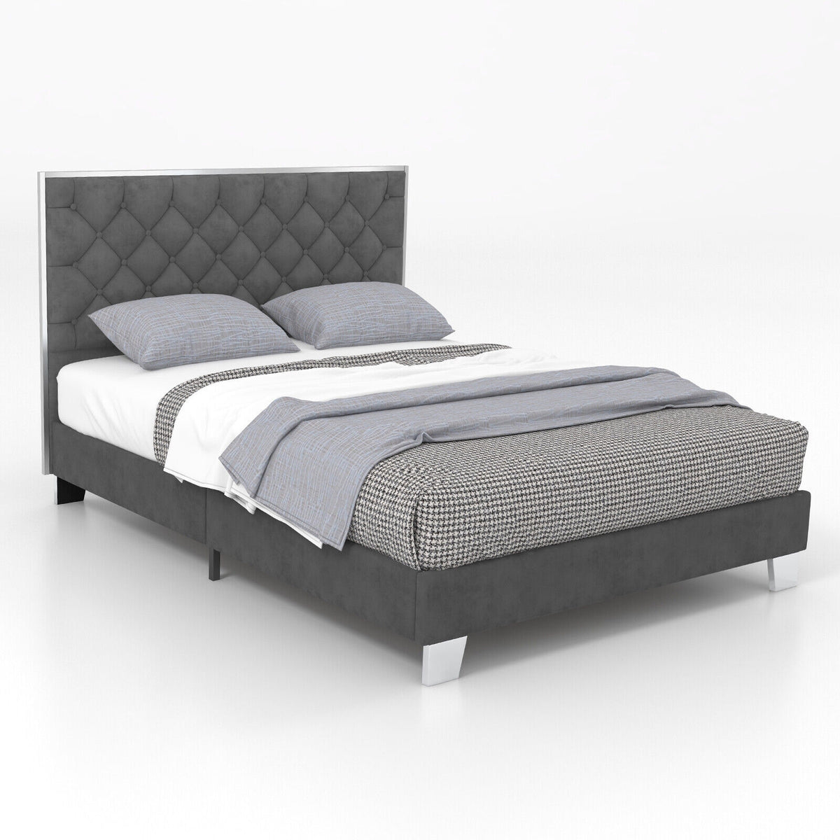 Full/Queen Size Upholstered Bed Frame with Velvet Headboard-Full Size-Simple Bed Frame-DECOROLALA