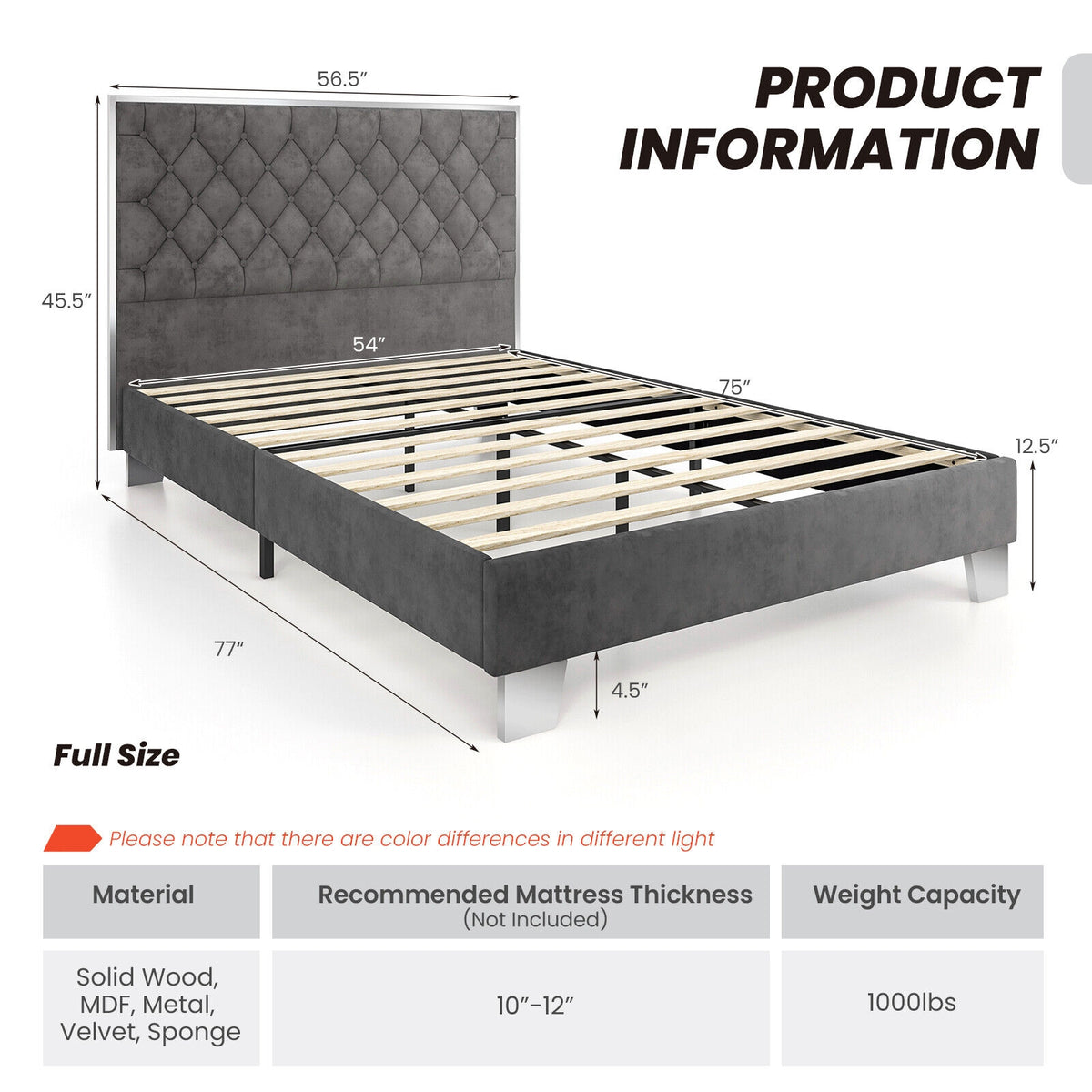 Full/Queen Size Upholstered Bed Frame with Velvet Headboard-Full Size-Simple Bed Frame-DECOROLALA