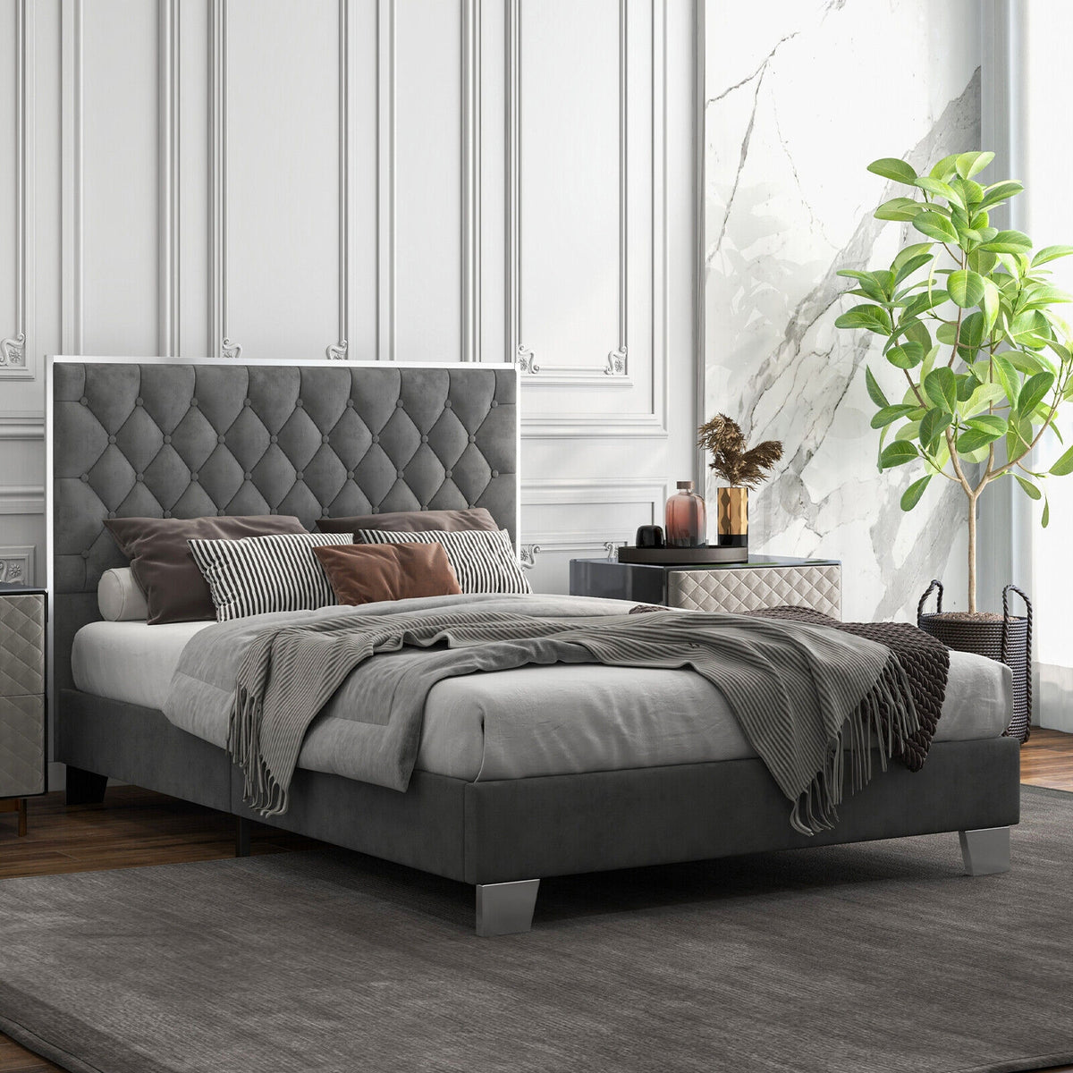 Full/Queen Size Upholstered Bed Frame with Velvet Headboard-Full Size-Simple Bed Frame-DECOROLALA