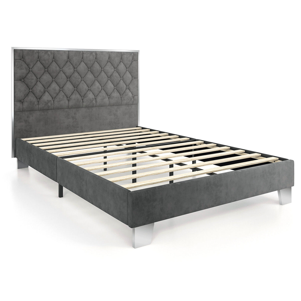 Full/Queen Size Upholstered Bed Frame with Velvet Headboard-Full Size-Simple Bed Frame-DECOROLALA