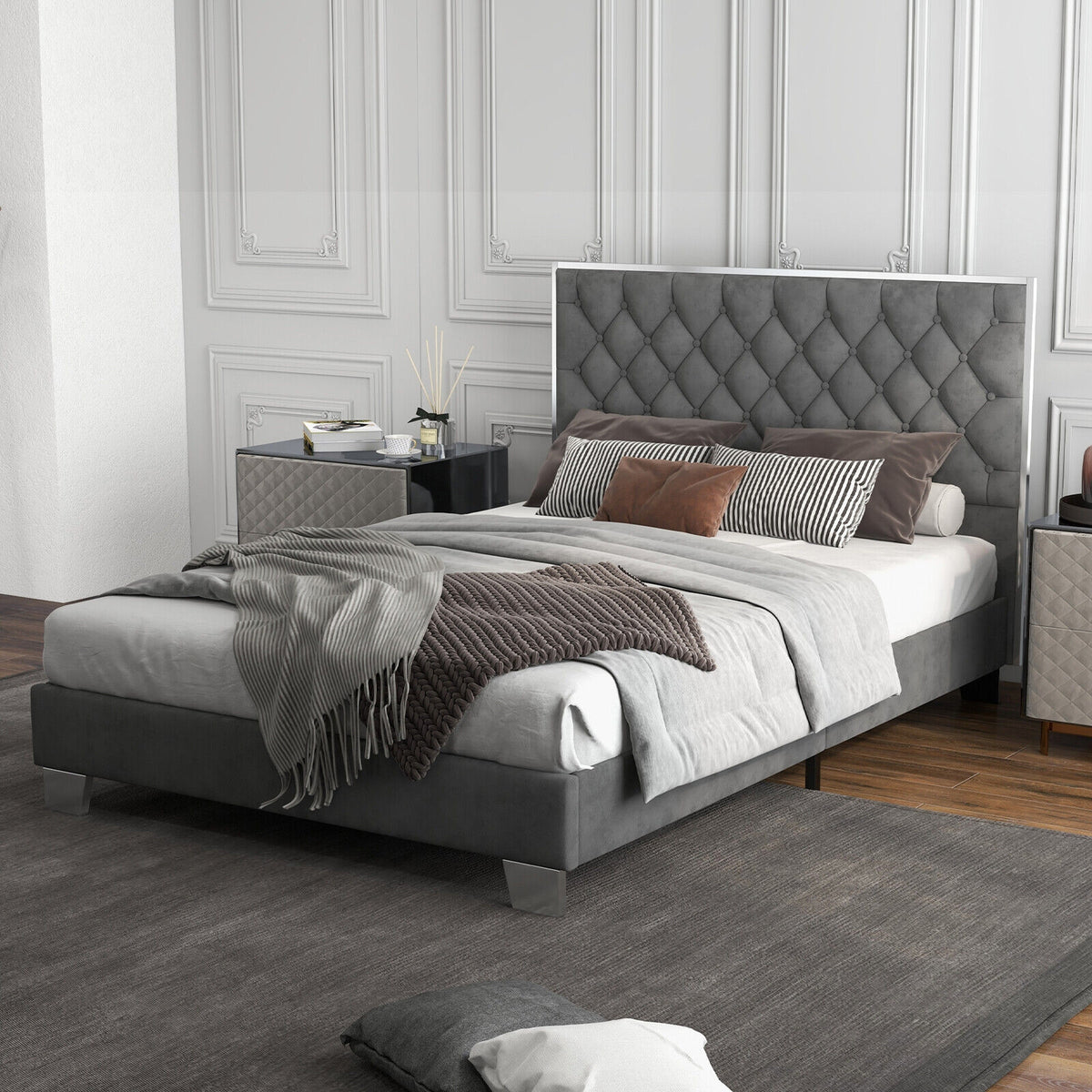 Full/Queen Size Upholstered Bed Frame with Velvet Headboard-Queen Size-Simple Bed Frame-DECOROLALA