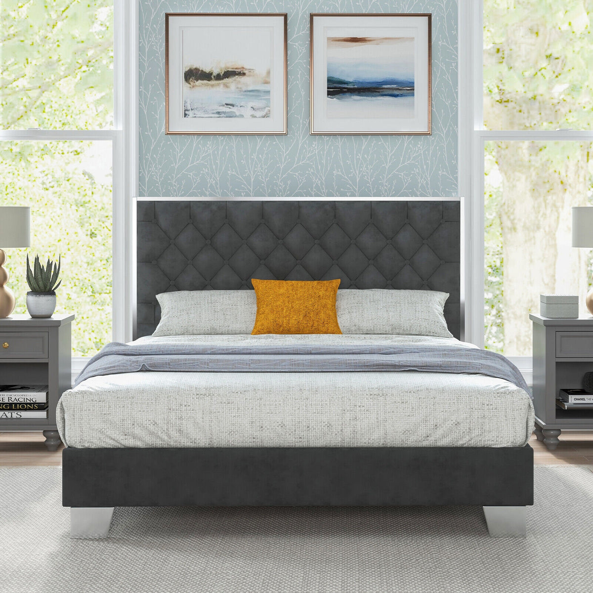 Full/Queen Size Upholstered Bed Frame with Velvet Headboard-Queen Size-Simple Bed Frame-DECOROLALA