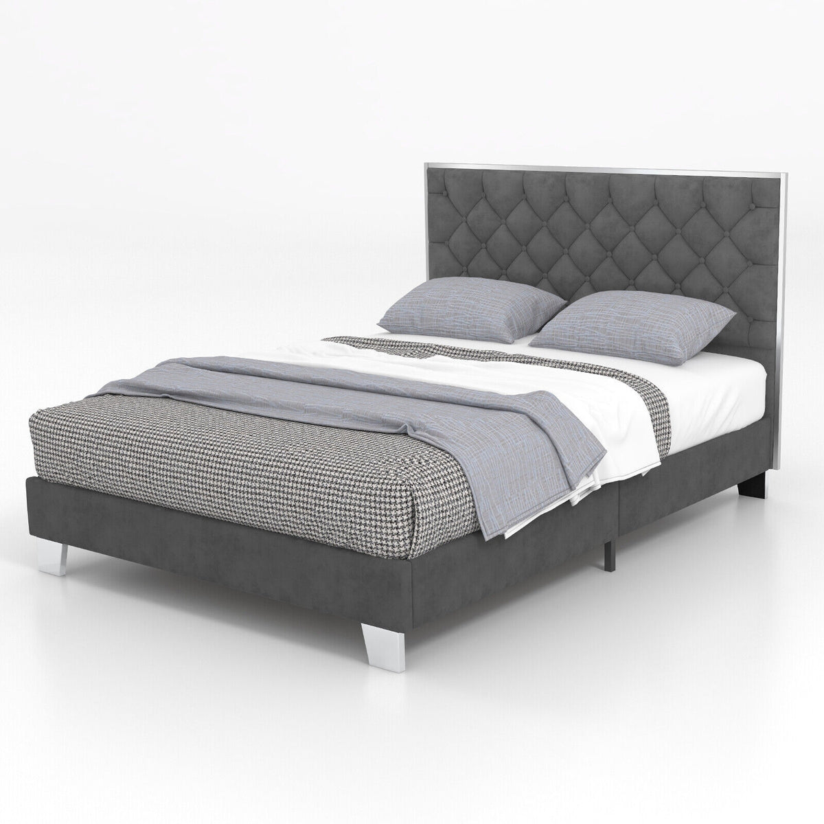 Full/Queen Size Upholstered Bed Frame with Velvet Headboard-Queen Size-Simple Bed Frame-DECOROLALA