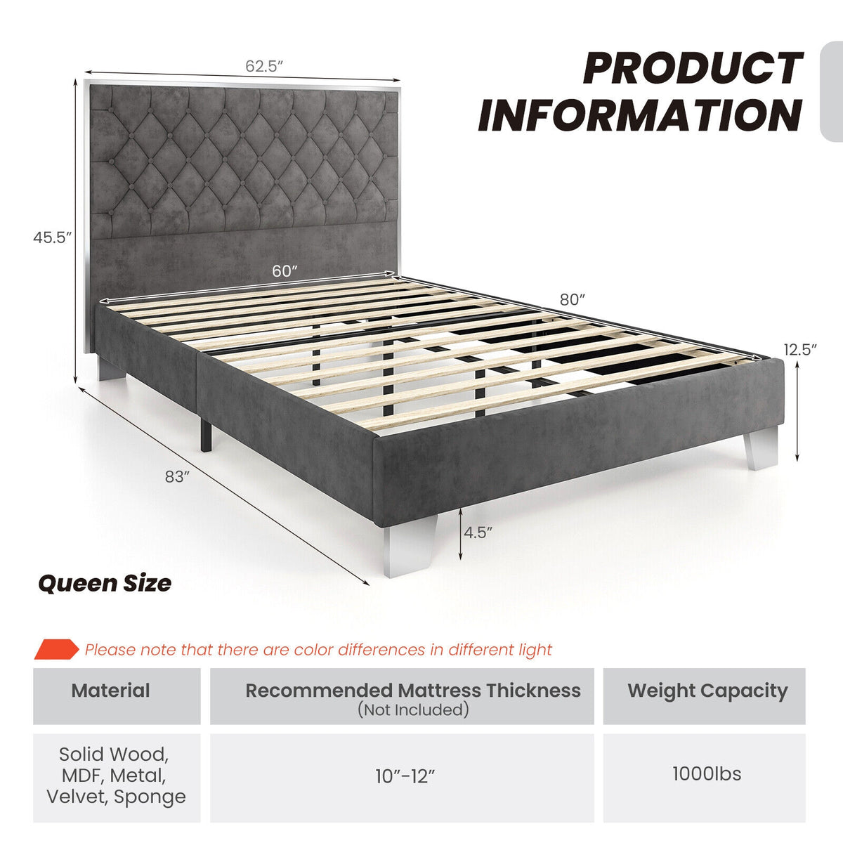 Full/Queen Size Upholstered Bed Frame with Velvet Headboard-Queen Size-Simple Bed Frame-DECOROLALA