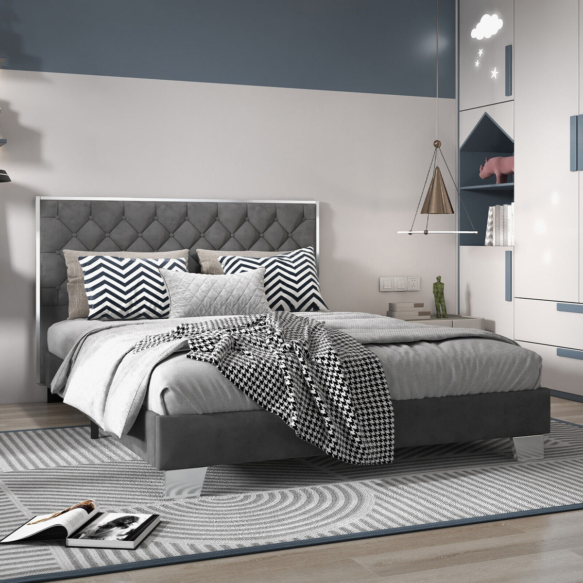 Full/Queen Size Upholstered Bed Frame with Velvet Headboard-Queen Size-Simple Bed Frame-DECOROLALA