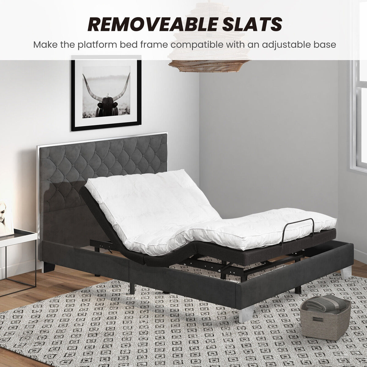 Full/Queen Size Upholstered Bed Frame with Velvet Headboard-Queen Size-Simple Bed Frame-DECOROLALA