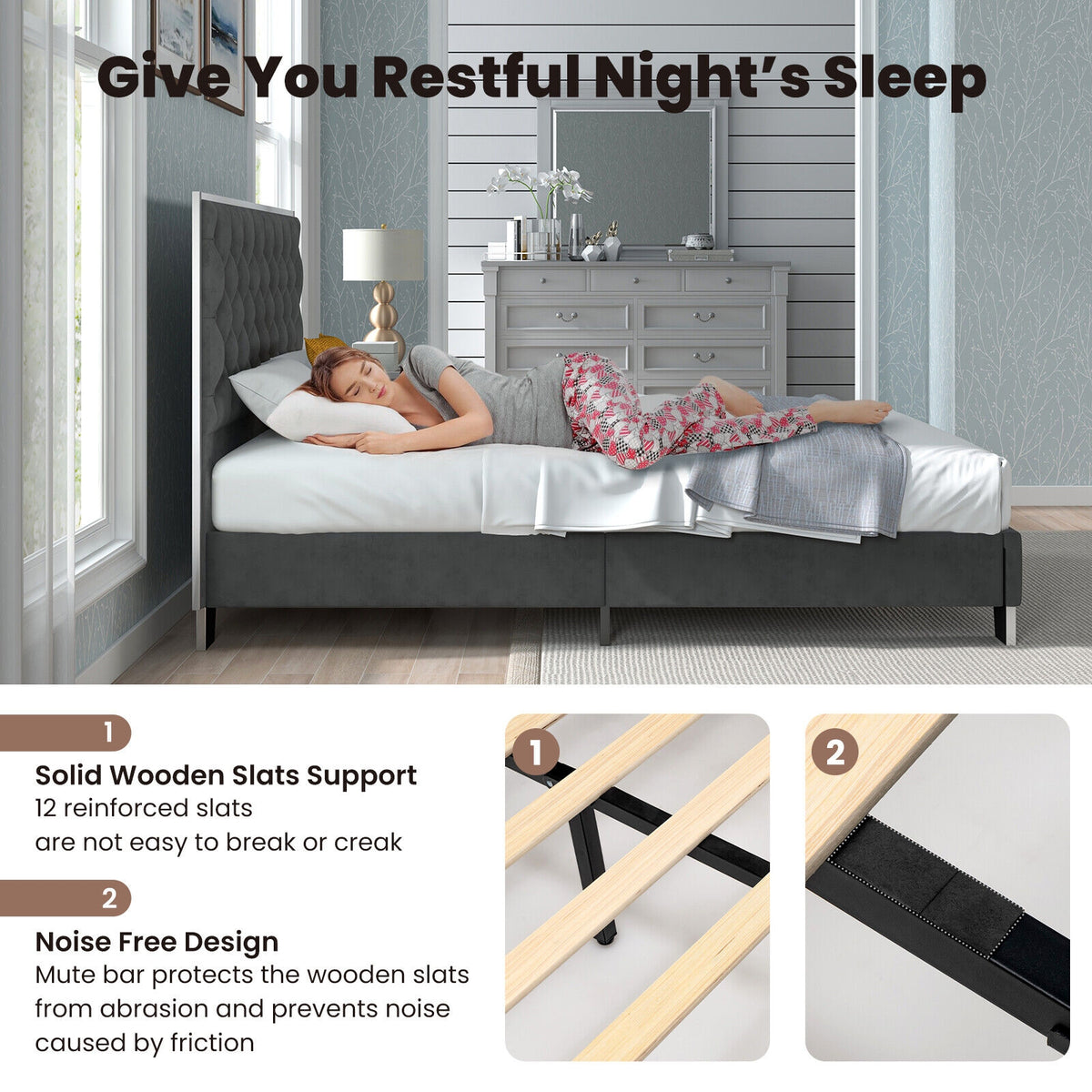 Full/Queen Size Upholstered Bed Frame with Velvet Headboard-Queen Size-Simple Bed Frame-DECOROLALA