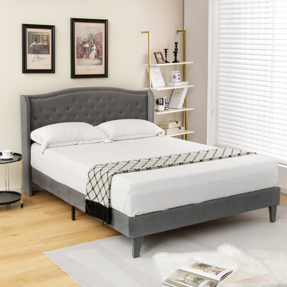 Full/Queen Size Upholstered Platform Bed Frame with Button Tufted Headboard-Full Size-Simple Bed Frame-DECOROLALA