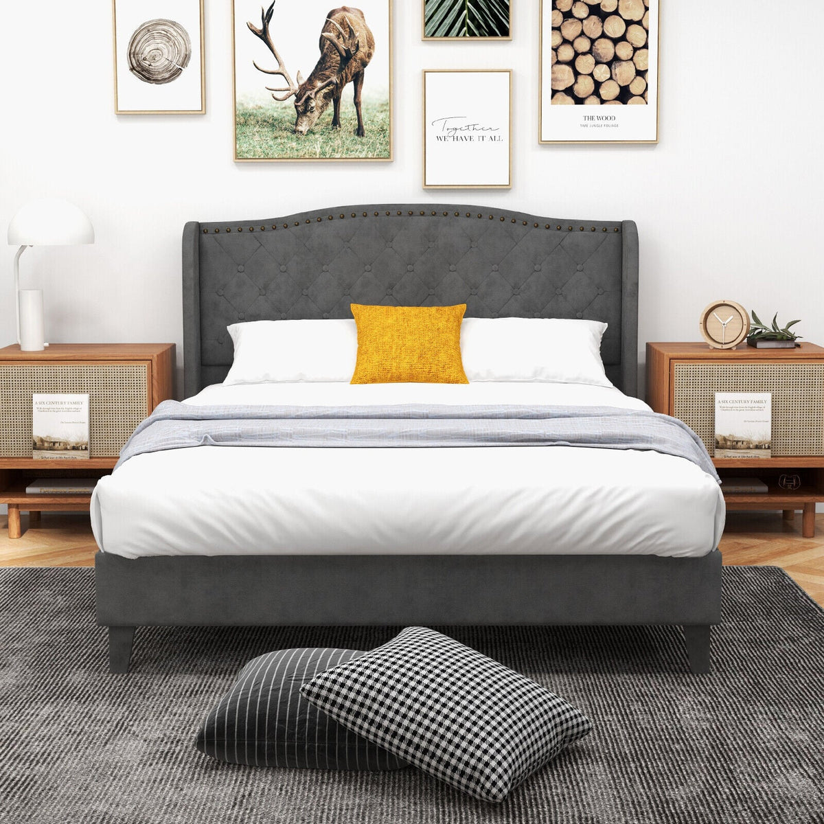 Full/Queen Size Upholstered Platform Bed Frame with Button Tufted Headboard-Full Size-Simple Bed Frame-DECOROLALA
