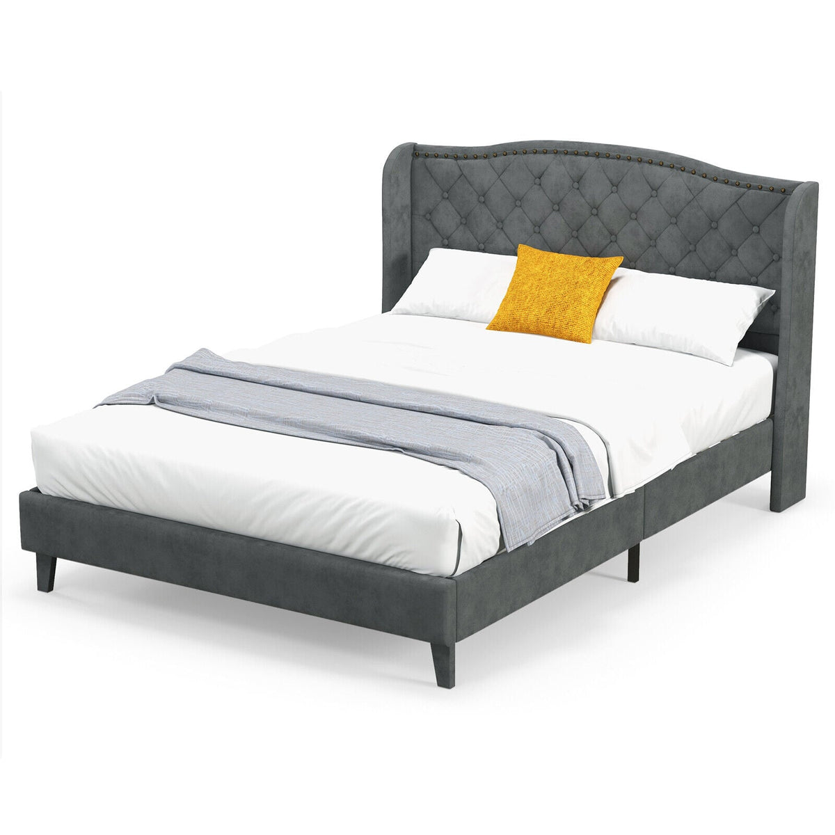 Full/Queen Size Upholstered Platform Bed Frame with Button Tufted Headboard-Full Size-Simple Bed Frame-DECOROLALA
