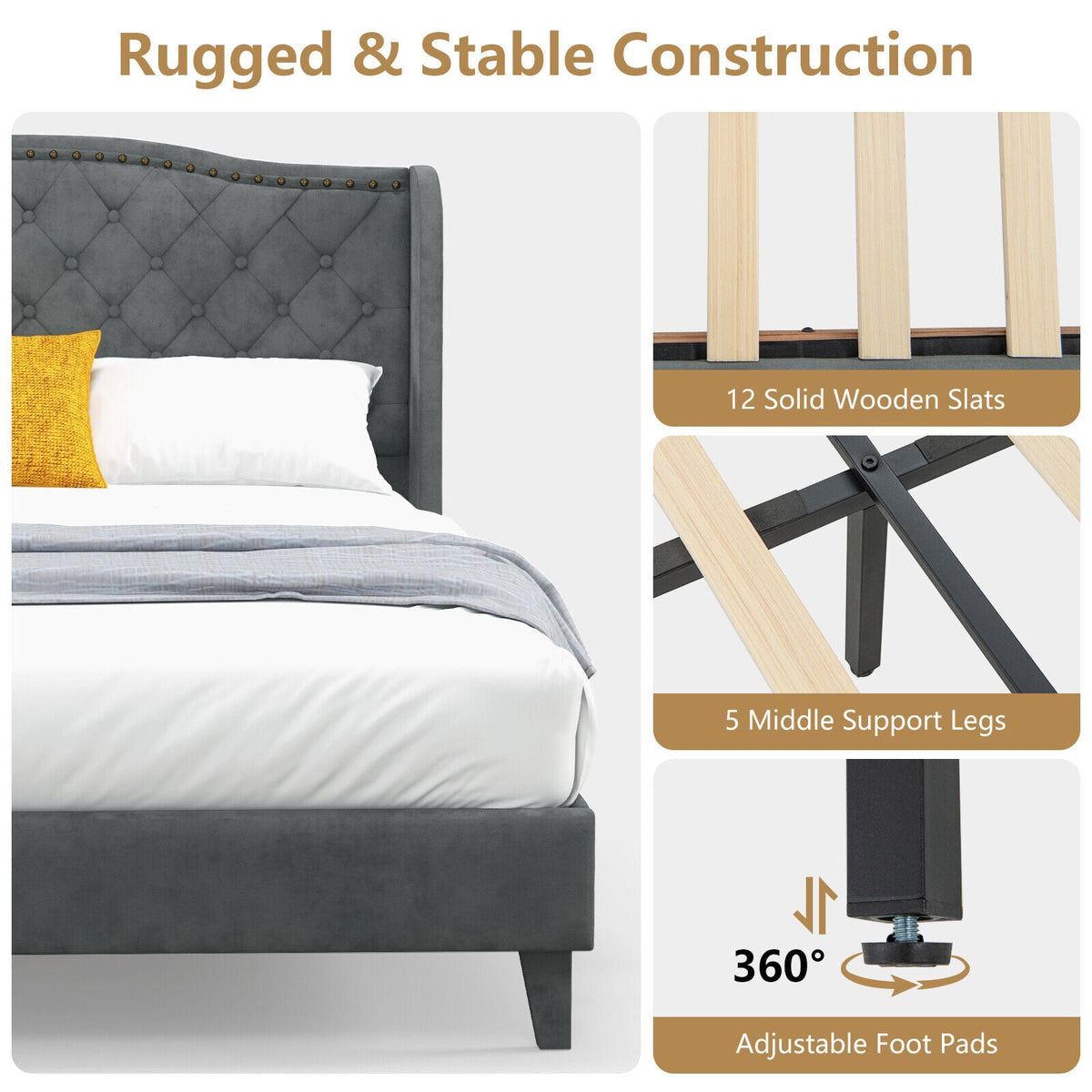 Full/Queen Size Upholstered Platform Bed Frame with Button Tufted Headboard-Full Size-Simple Bed Frame-DECOROLALA