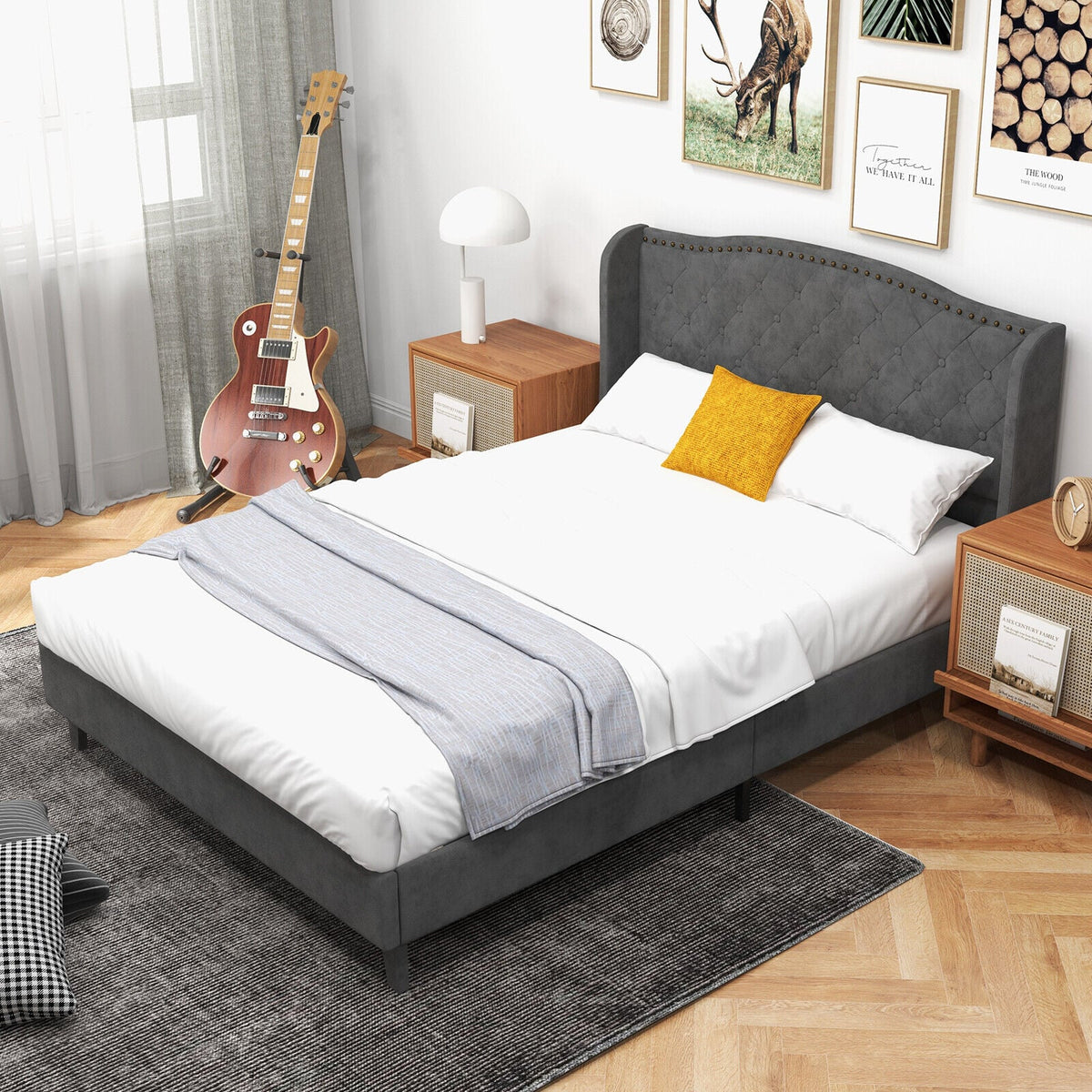 Full/Queen Size Upholstered Platform Bed Frame with Button Tufted Headboard-Full Size-Simple Bed Frame-DECOROLALA