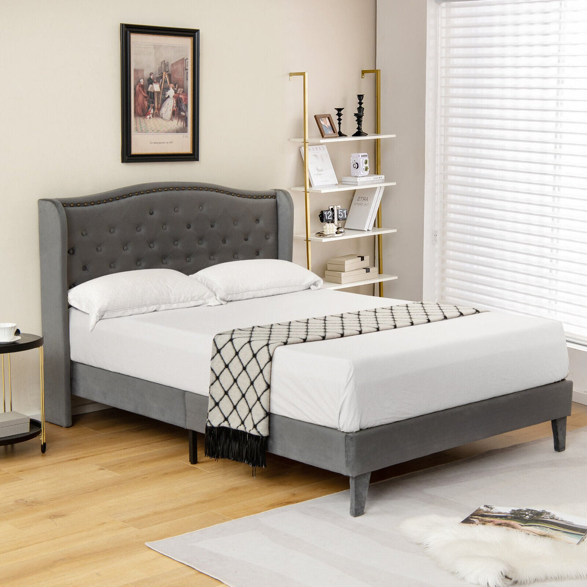 Full/Queen Size Upholstered Platform Bed Frame with Button Tufted Headboard-Queen Size-Simple Bed Frame-DECOROLALA