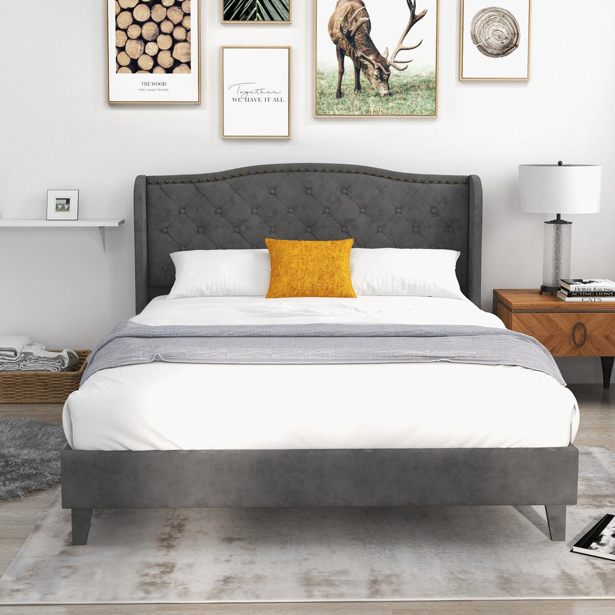 Full/Queen Size Upholstered Platform Bed Frame with Button Tufted Headboard-Queen Size-Simple Bed Frame-DECOROLALA