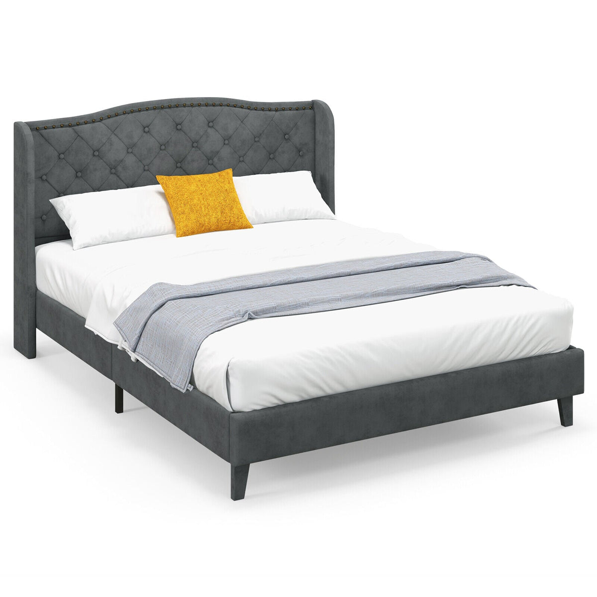 Full/Queen Size Upholstered Platform Bed Frame with Button Tufted Headboard-Queen Size-Simple Bed Frame-DECOROLALA
