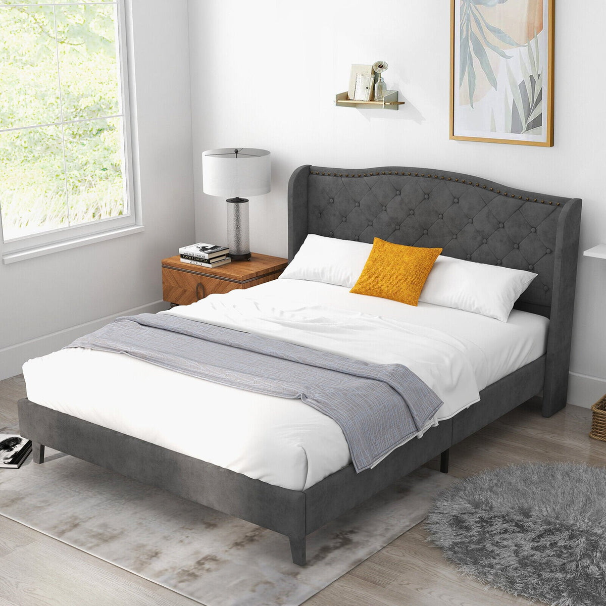 Full/Queen Size Upholstered Platform Bed Frame with Button Tufted Headboard-Queen Size-Simple Bed Frame-DECOROLALA