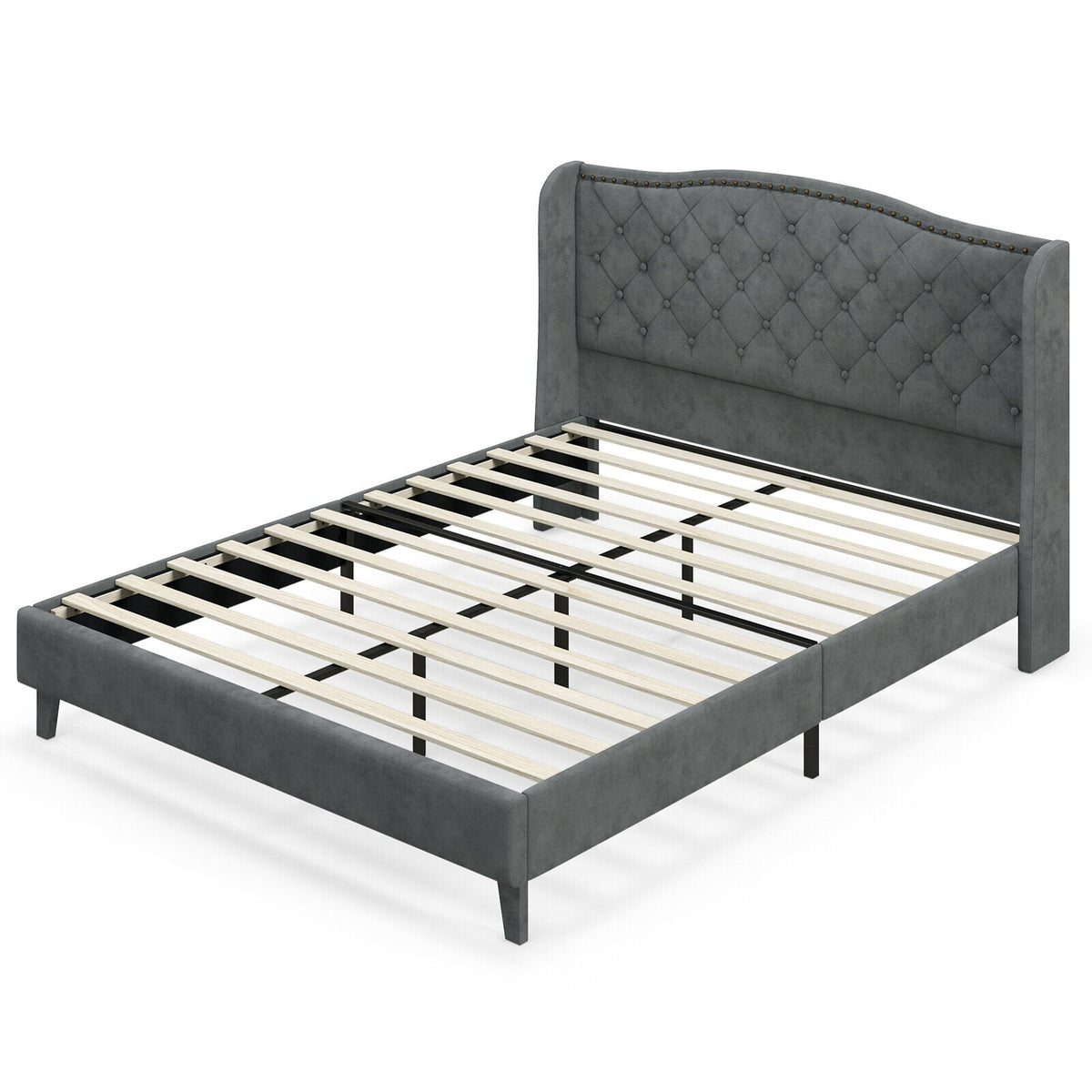Full/Queen Size Upholstered Platform Bed Frame with Button Tufted Headboard-Queen Size-Simple Bed Frame-DECOROLALA