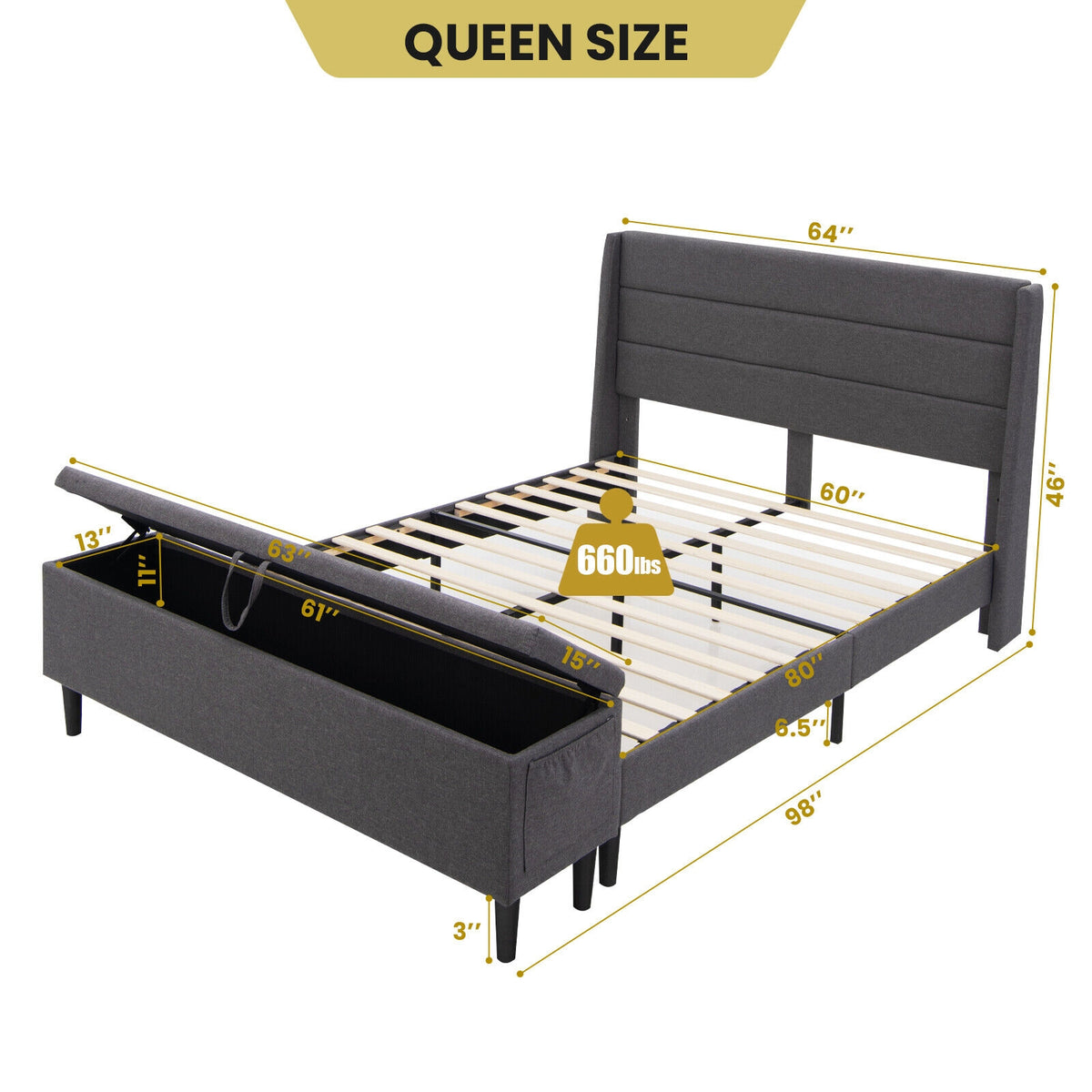 Full/Queen Size Upholstered Platform Bed Frame with Storage Ottoman-Queen Size-Simple Bed Frame-DECOROLALA