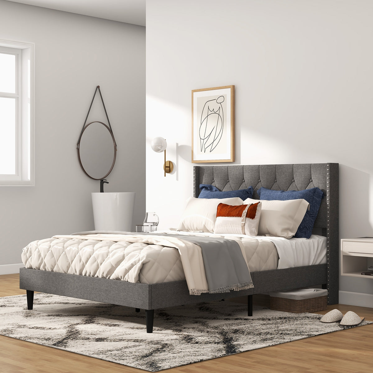 Full/Queen Size Upholstered Platform Bed with Button Tufted Headboard-Full Size-Simple Bed Frame-DECOROLALA