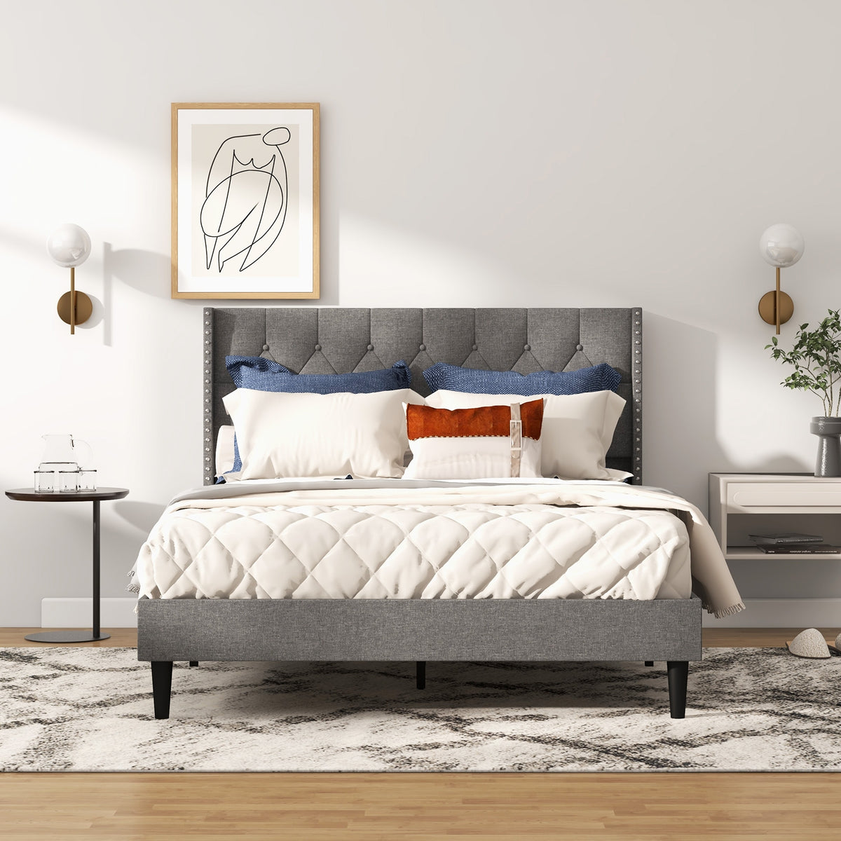 Full/Queen Size Upholstered Platform Bed with Button Tufted Headboard-Full Size-Simple Bed Frame-DECOROLALA