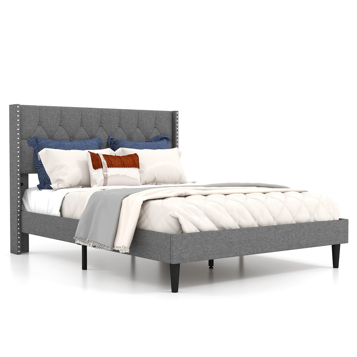 Full/Queen Size Upholstered Platform Bed with Button Tufted Headboard-Full Size-Simple Bed Frame-DECOROLALA