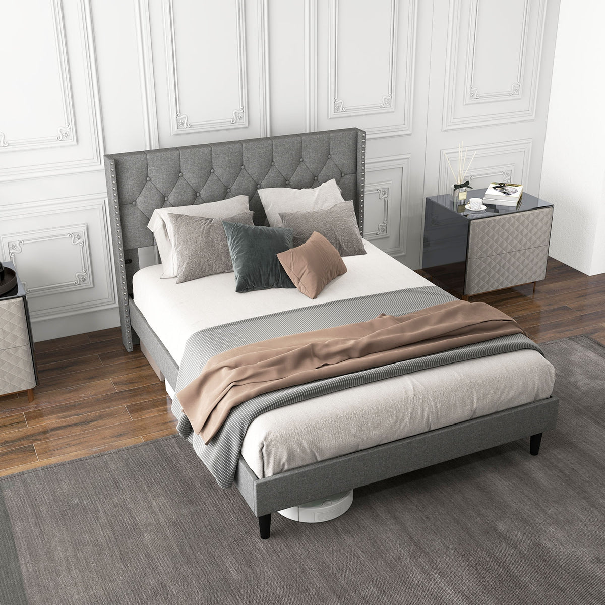 Full/Queen Size Upholstered Platform Bed with Button Tufted Headboard-Full Size-Simple Bed Frame-DECOROLALA