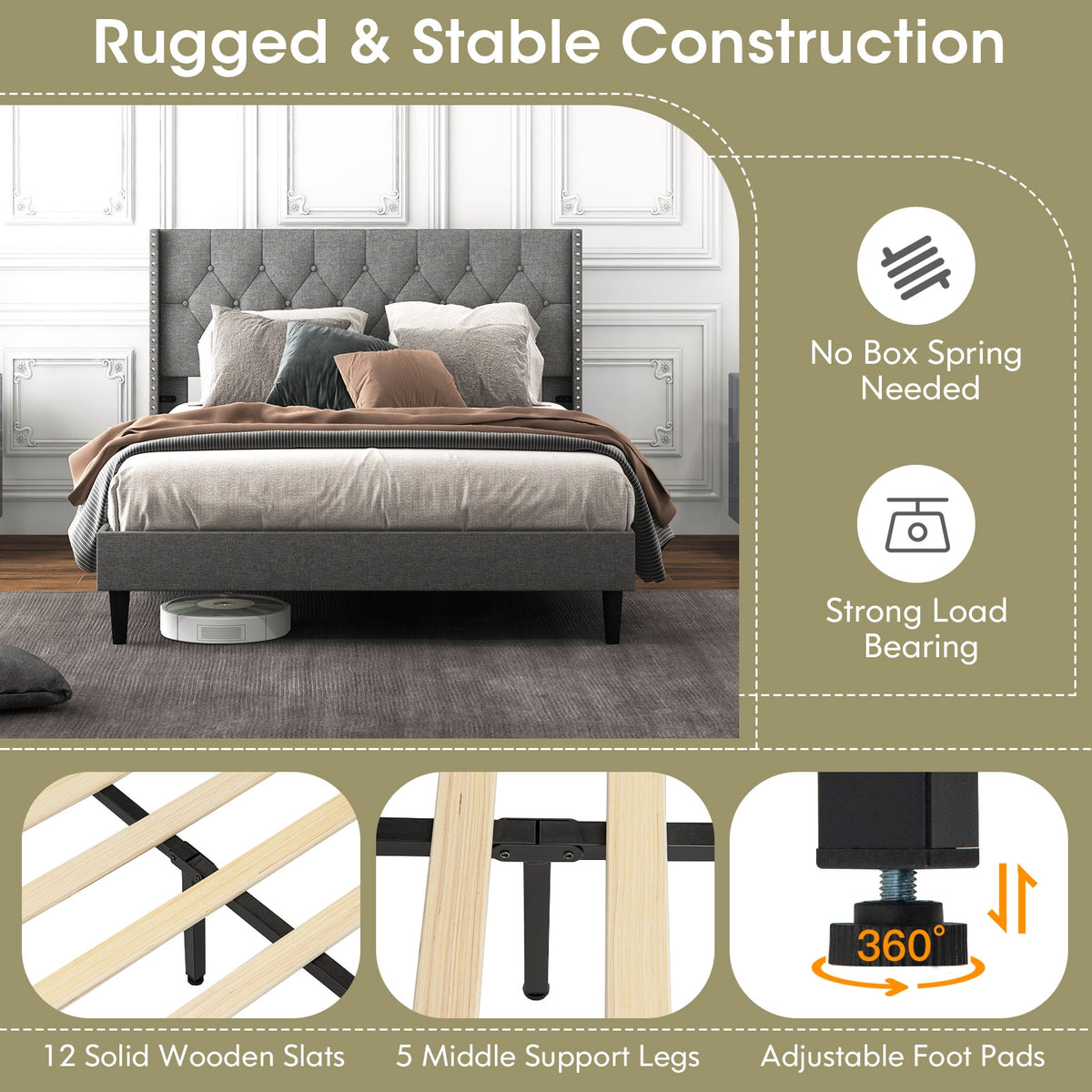 Full/Queen Size Upholstered Platform Bed with Button Tufted Headboard-Full Size-Simple Bed Frame-DECOROLALA