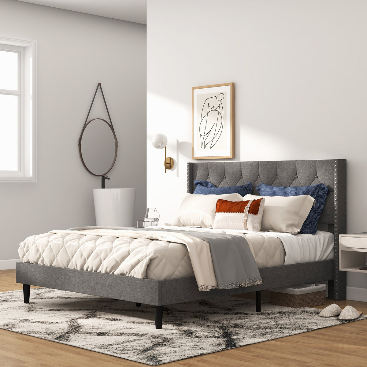 Full/Queen Size Upholstered Platform Bed with Button Tufted Headboard-Queen Size-Simple Bed Frame-DECOROLALA