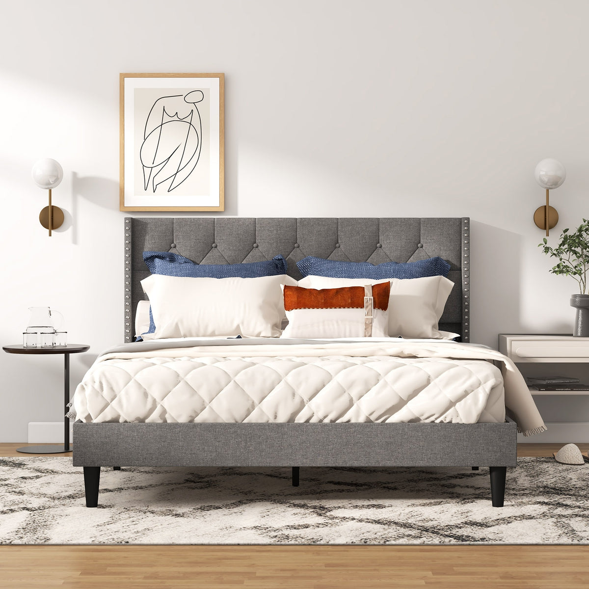 Full/Queen Size Upholstered Platform Bed with Button Tufted Headboard-Queen Size-Simple Bed Frame-DECOROLALA