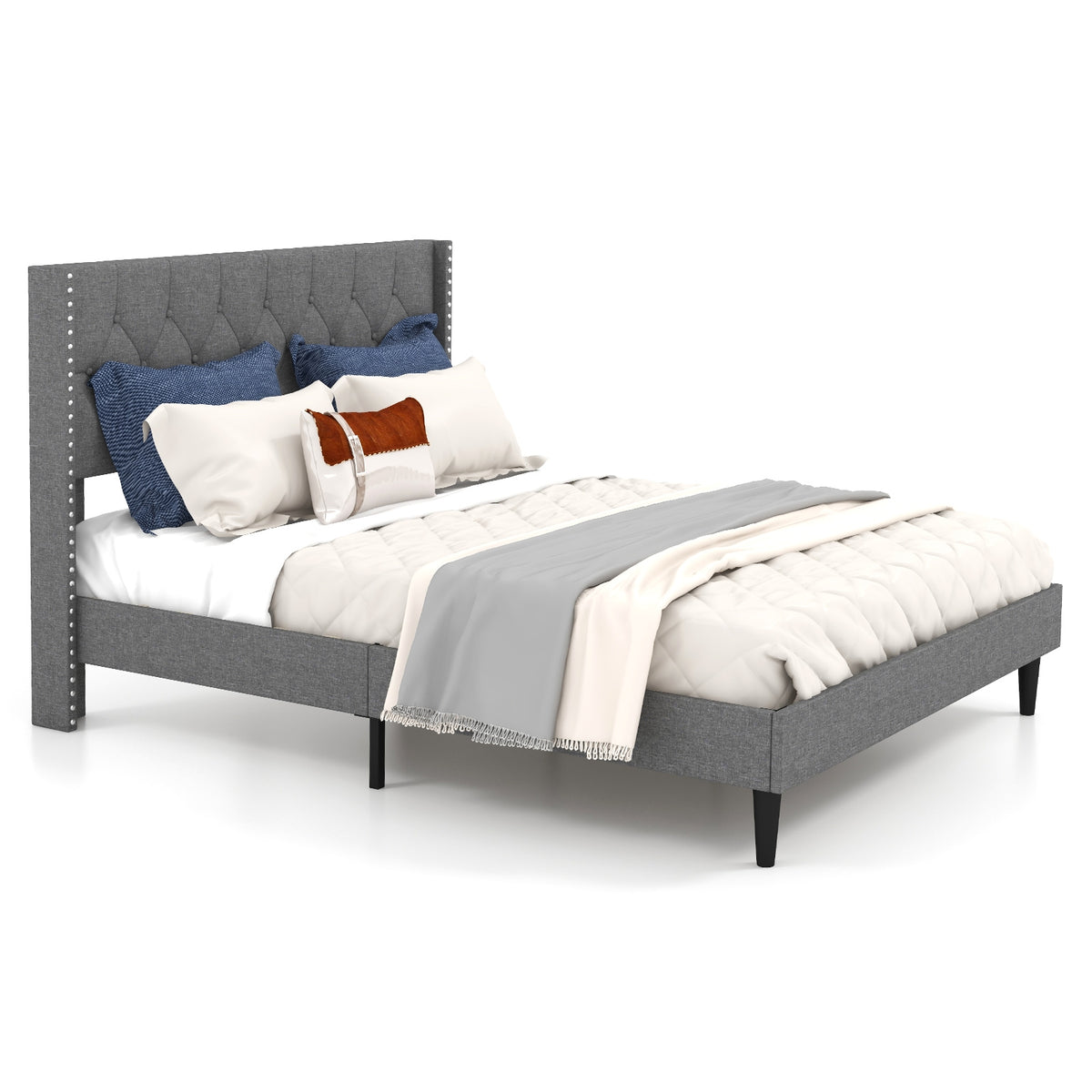 Full/Queen Size Upholstered Platform Bed with Button Tufted Headboard-Queen Size-Simple Bed Frame-DECOROLALA