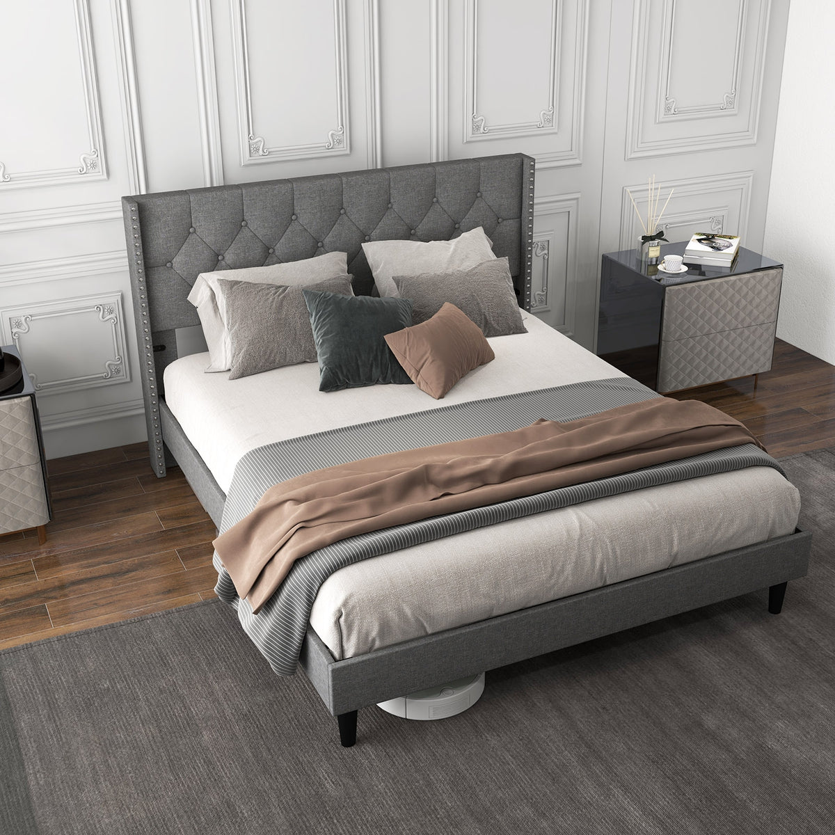 Full/Queen Size Upholstered Platform Bed with Button Tufted Headboard-Queen Size-Simple Bed Frame-DECOROLALA
