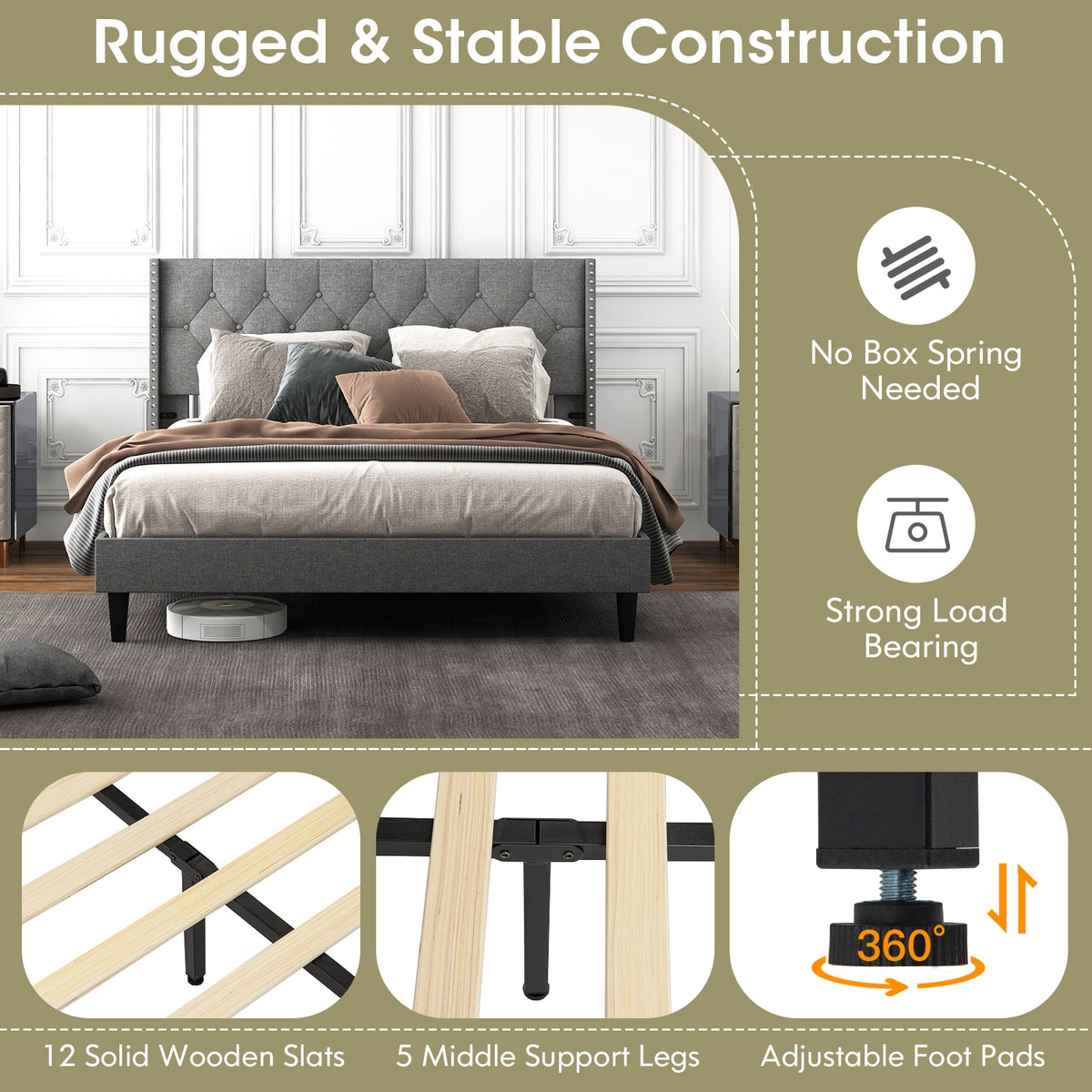 Full/Queen Size Upholstered Platform Bed with Button Tufted Headboard-Queen Size-Simple Bed Frame-DECOROLALA