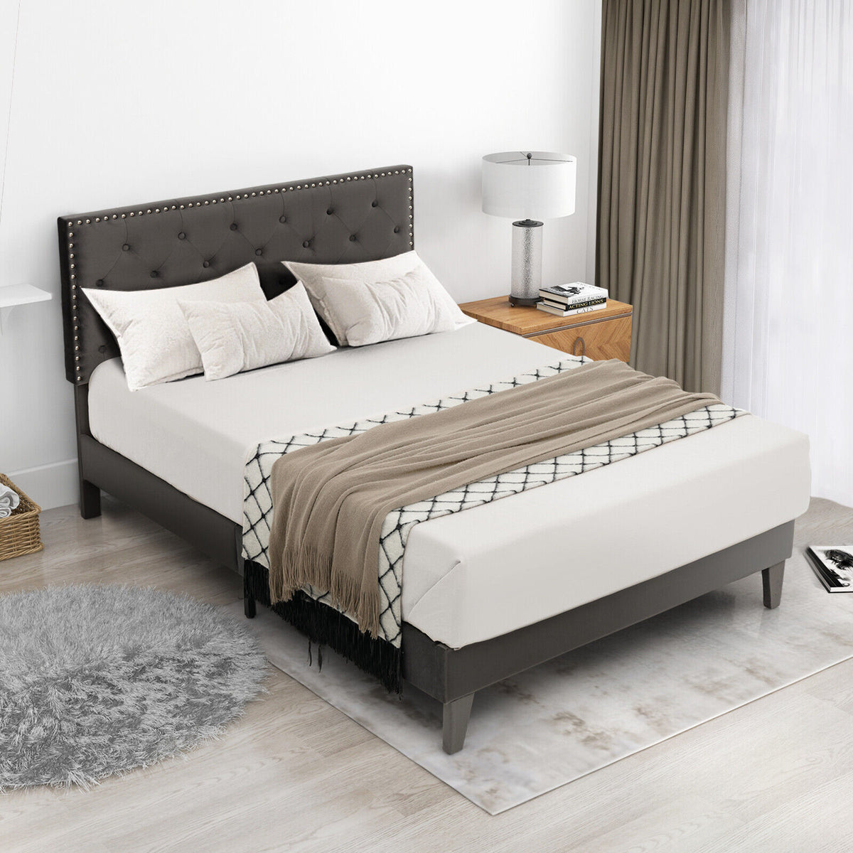 Full/Queen Size Upholstered Platform Bed with Tufted Headboard-Full Size-Simple Bed Frame-DECOROLALA