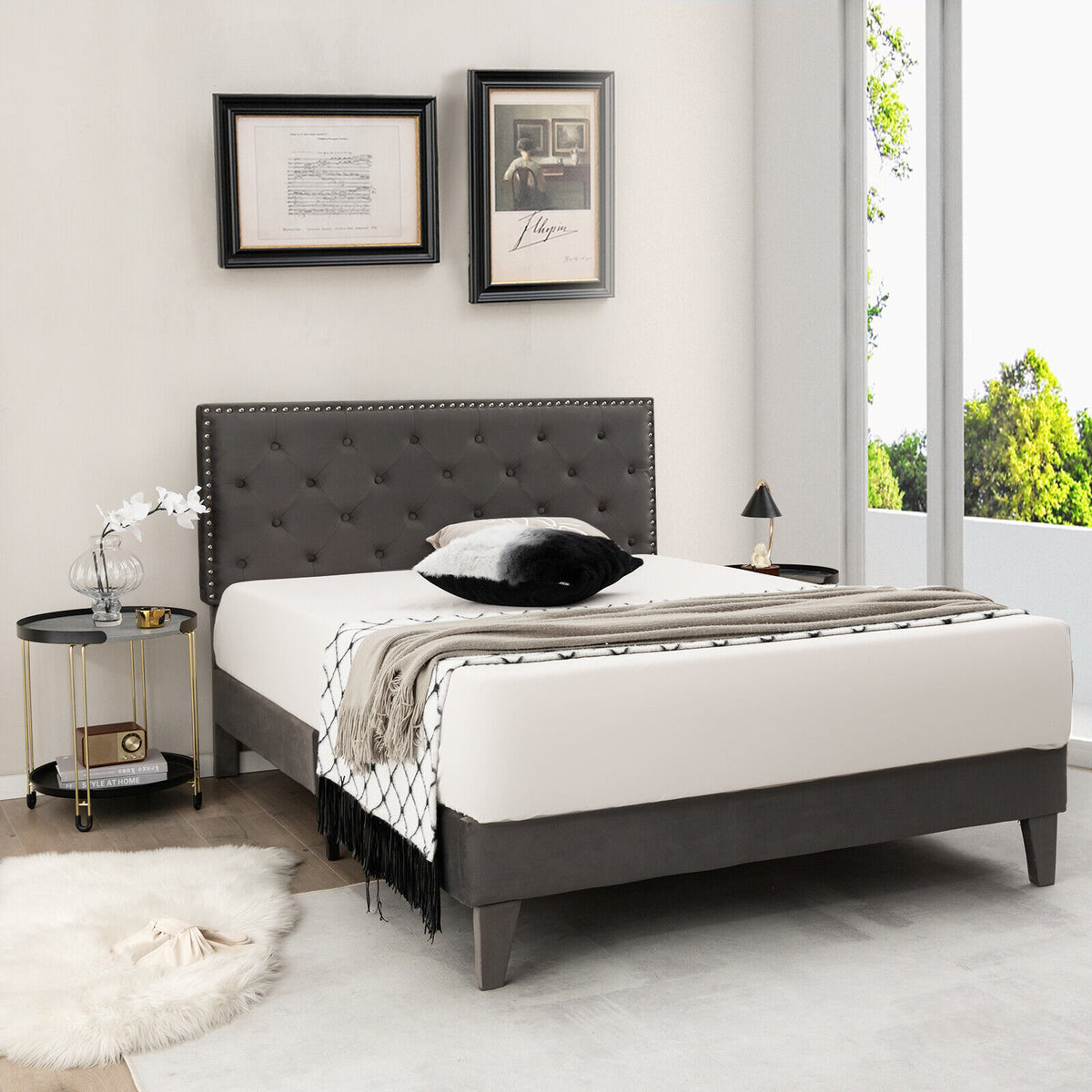 Full/Queen Size Upholstered Platform Bed with Tufted Headboard-Full Size-Simple Bed Frame-DECOROLALA