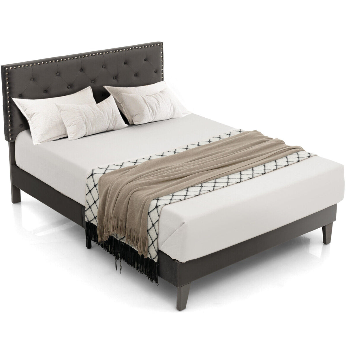 Full/Queen Size Upholstered Platform Bed with Tufted Headboard-Full Size-Simple Bed Frame-DECOROLALA